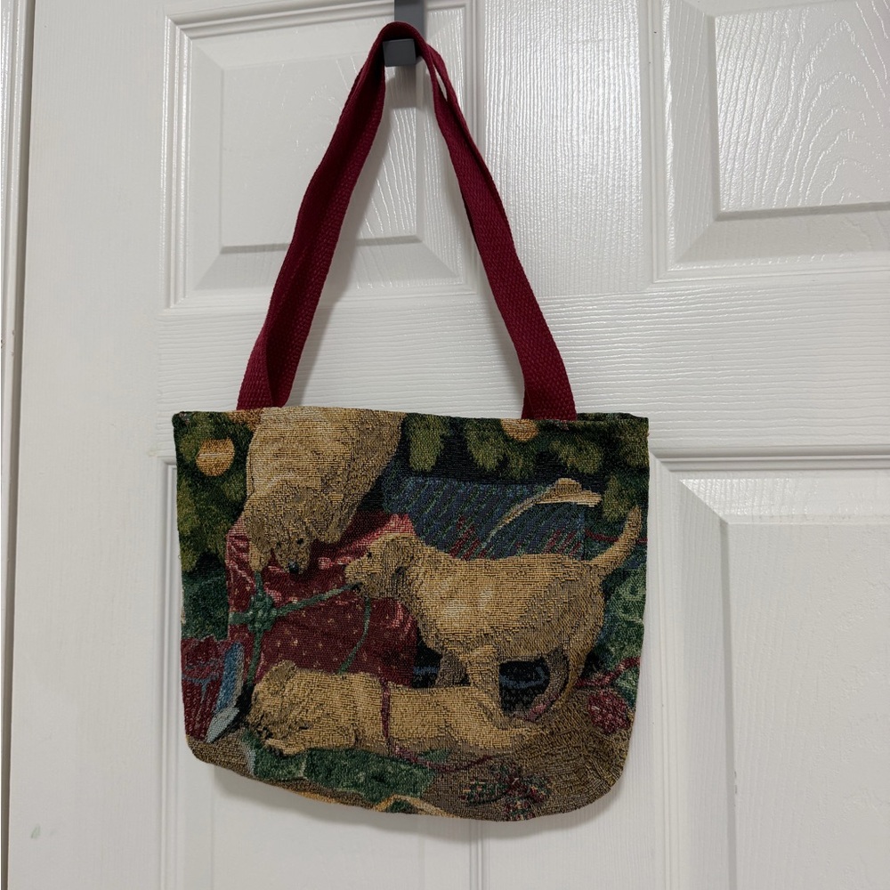 Tapestry Dog Scene Tote with Burgundy Straps